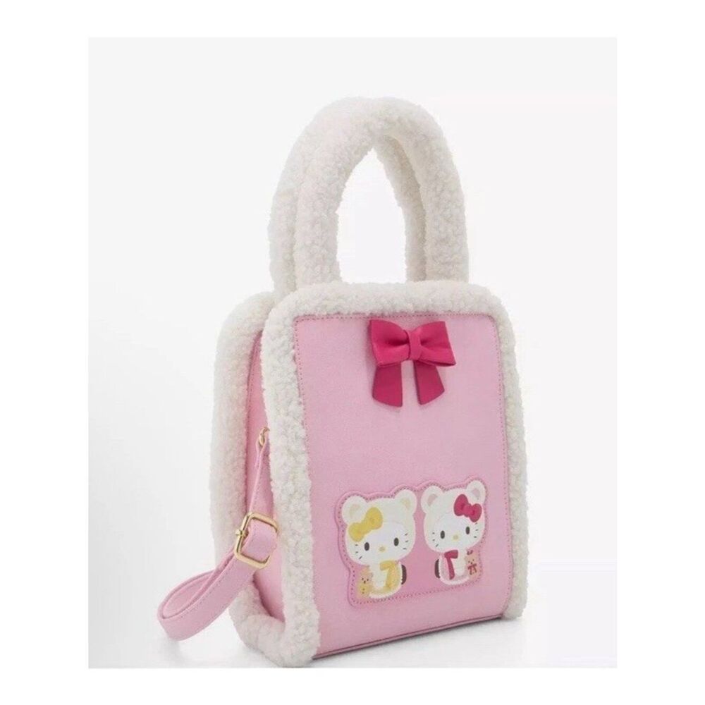 Her Universe Hello Kitty & Mimmy Cozy Bear Sherpa Bow Crossbody Bag Pink Purse - Picture 2 of 6